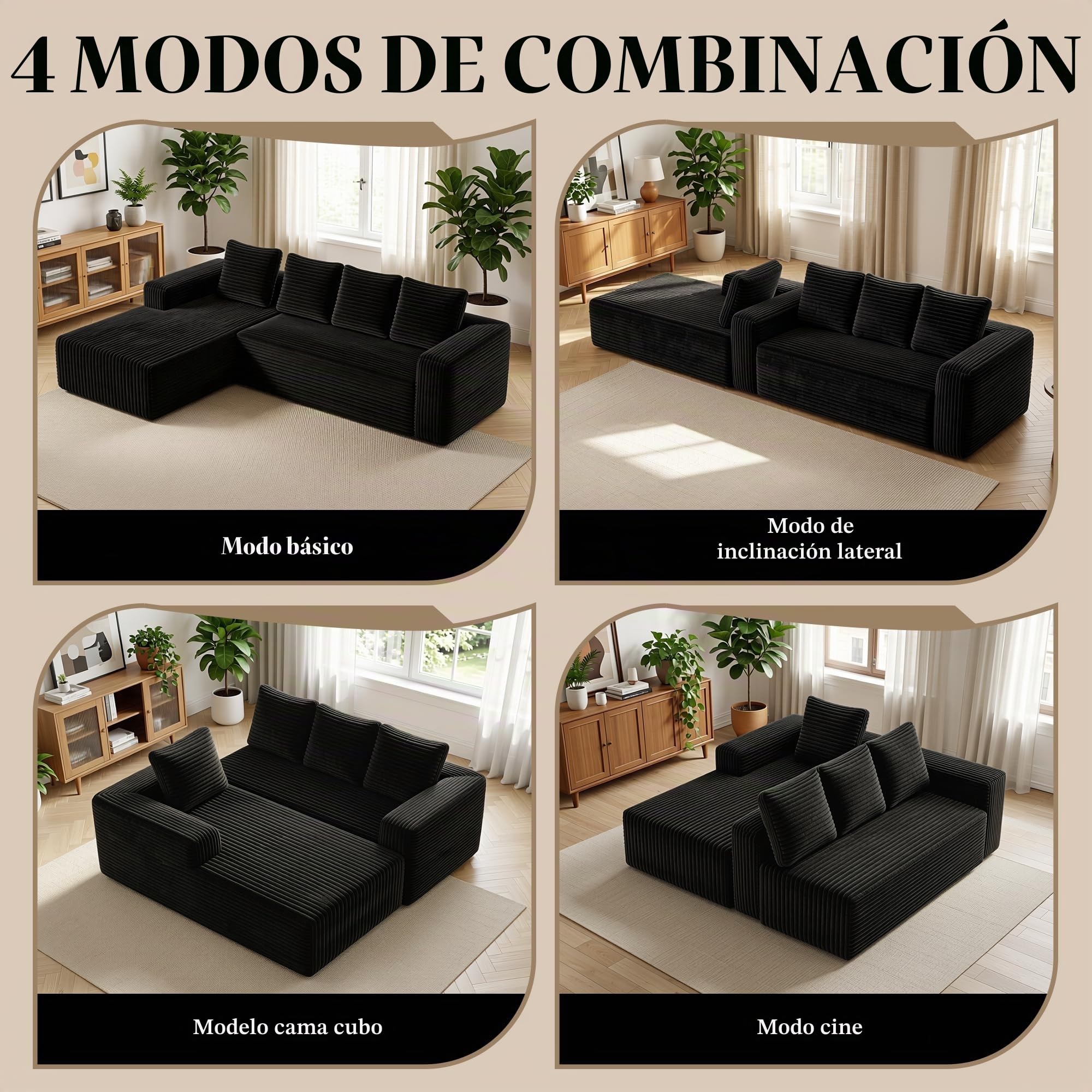 Sofá modular de 4 plazas moderno de pana con chaise longue orientada a la derecha para salón o dormitorio (B-negro)