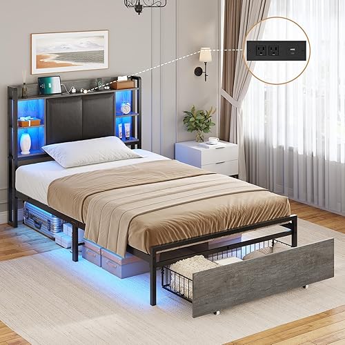 AOGLLATI Twin Bed Frames with Storage Drawers and Headboard, Twin Bed Frame with Charging Station and Led Lights, Modern Upholstered Led Bed Frame Twin,No Box Spring Needed, Black Oak