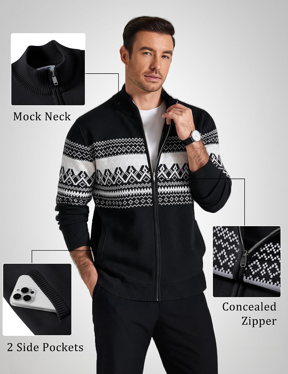 COOFANDY Men's Full Zip Cardigan Sweaters Mock Neck Knitwear with Pattern image 5