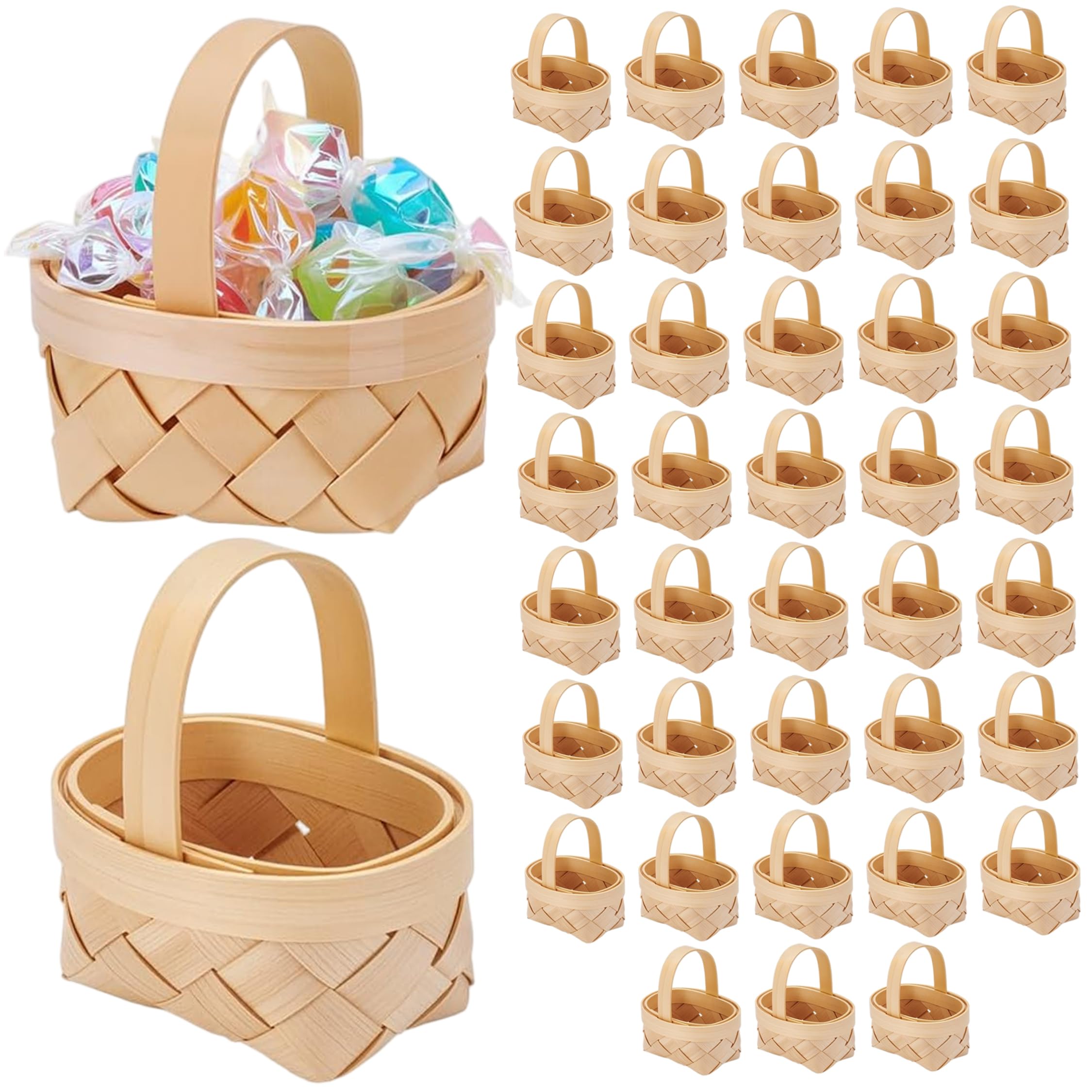 Grtheenumb mini basket, 40 Pack Mini Woven Baskets, Picnic Baskets With Handles, Natural Wood Small Storage For Party Favors, 2.56x1.97x1.57 Inch