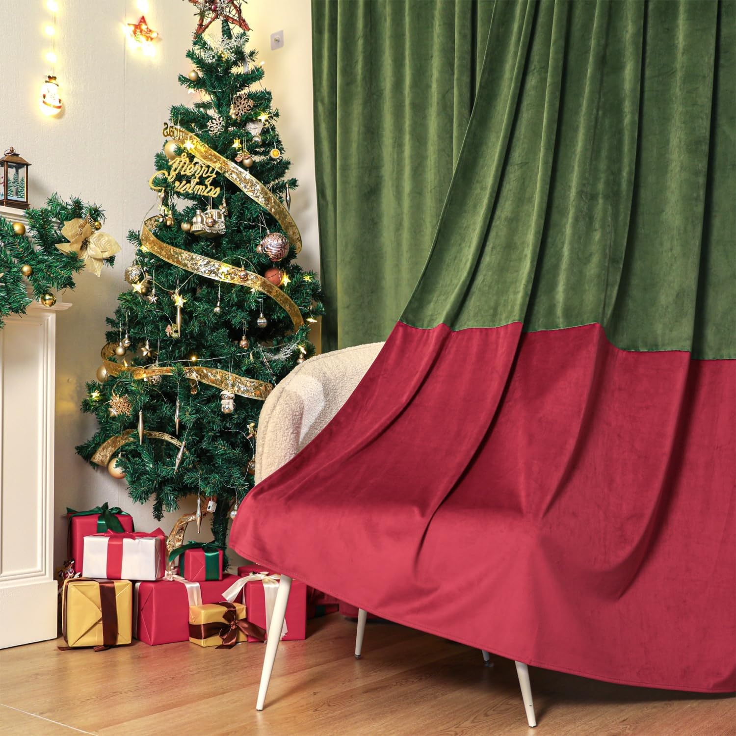 Soft Velvet Curtains 2 Panels Thermal Insulated Privacy Window Treatments for Living Room Green and Red 52x96 Inch