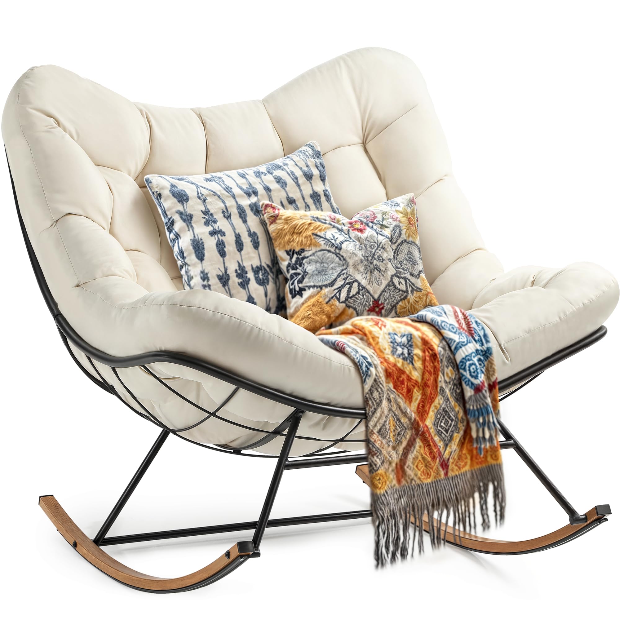 YITAHOME Übergroßer Schaukelstuhl, Breiter Schaukelstuhl mit Extra Dicker Sitzauflage, Bequemer Lounge Sessel für Innen- und Außenbereich, Wohnzimmer, Terrasse, Garten, Veranda (Beige)