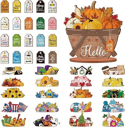 42 Pcs Interchangeable Holiday Flower Basket Seasonal Sign Fall Halloween Tiered Tray Decor Set Farmhouse Rustic Replaceable Wood DIY Hanging Drop Home Office Desk Accessory Ornament Gift