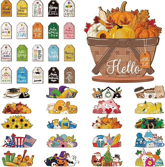 42 Pcs Interchangeable Holiday Flower Basket Seasonal Sign Fall Halloween Tiered Tray Decor Set Farmhouse Rustic Replaceable Wood DIY Hanging Drop Home Office Desk Accessory Ornament Gift