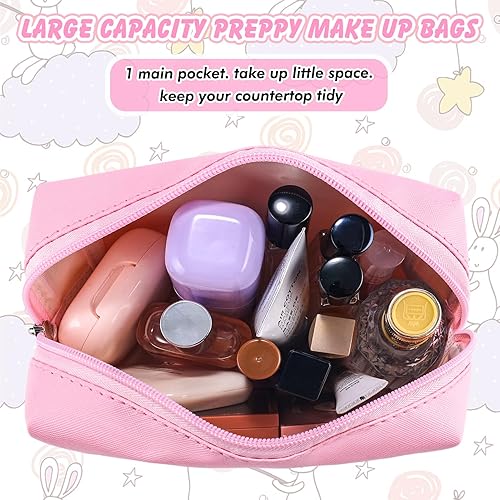 Miniatura 5 de Bolsa de maquillaje preppy con iniciales para mujer, bolsa de cosméticos grande de viaje, bonita bolsa de maquillaje rosa para bolso, bolsa de aseo
