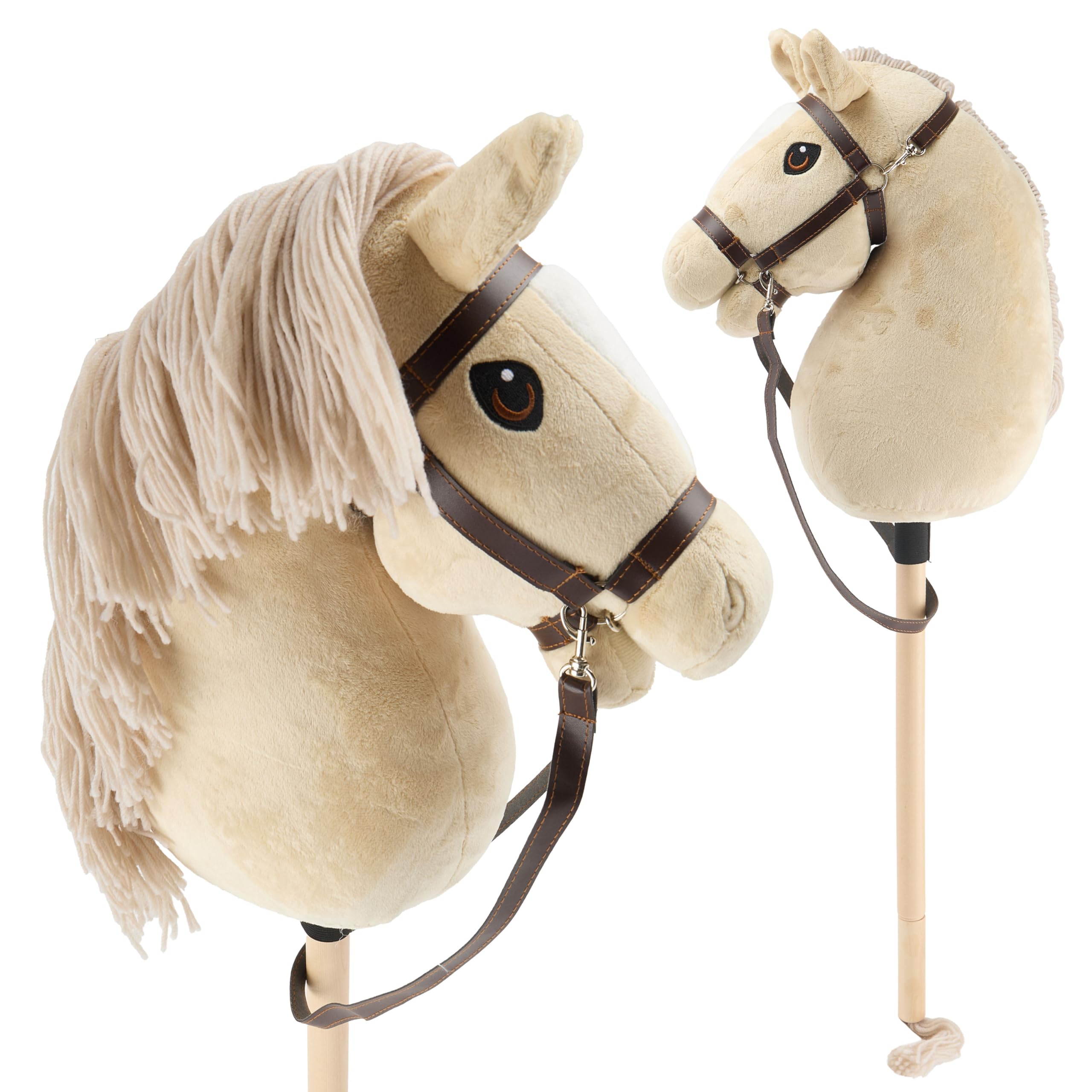 Bieco Caballo de Juguete Beige - Tamaño M, con Brida | Barra y Cola Desmontables, para Salto, Doma y Juego | Caballo de Juguete