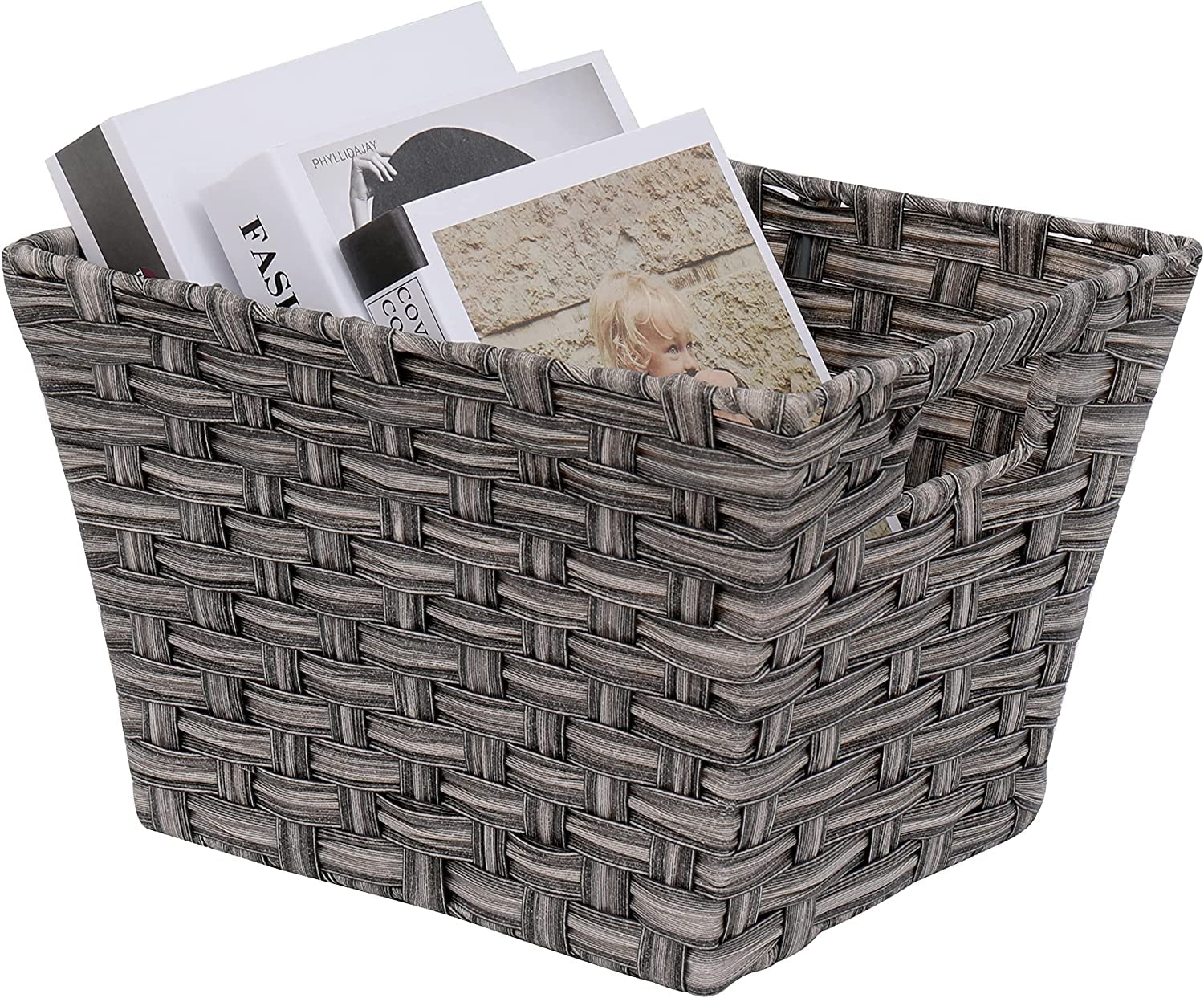 Woven Storage Basket With Handles, Grey Rattan Woven Basket For Storage , Wicker Basket For Storage, Decorative Storage Basket, Easy To Clean 11.4?X9.6?X7.8?, 11.5x11.8x9.6inches