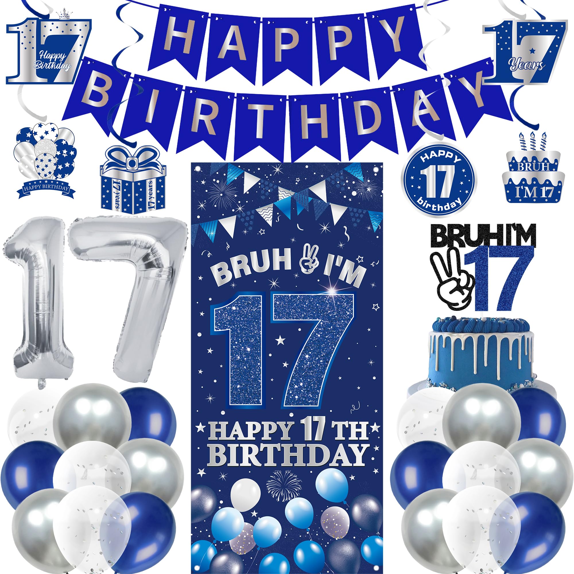 17th Birthday Decorations Banner Boys - 36 Pcs Blue Silver Banner Happy Birthday Backdrop Hanging Swirls Cake Topper Balloons for Boy Teens 17 Year Old Party Decor Supplies