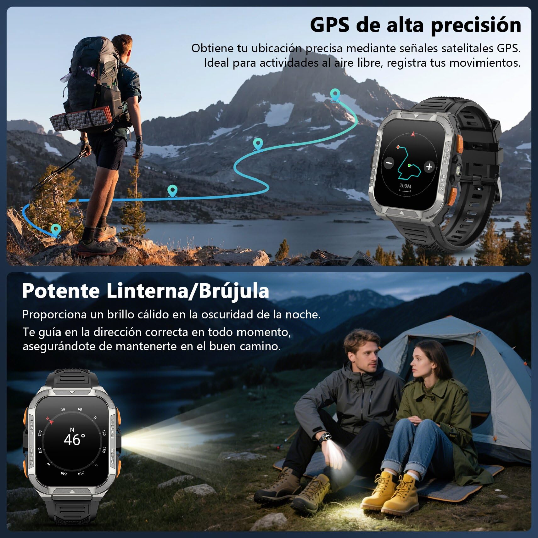 Blackview Reloj Inteligente Hombre Militar - GPS, Linterna, Brújula, AI, 1.91" Smartwatch Hombre con 100+ Modos Deportivos, Llamadas/Notificación, Pulsómetro/Oxímetro/Sueño, Pulsera Actividad, Negro