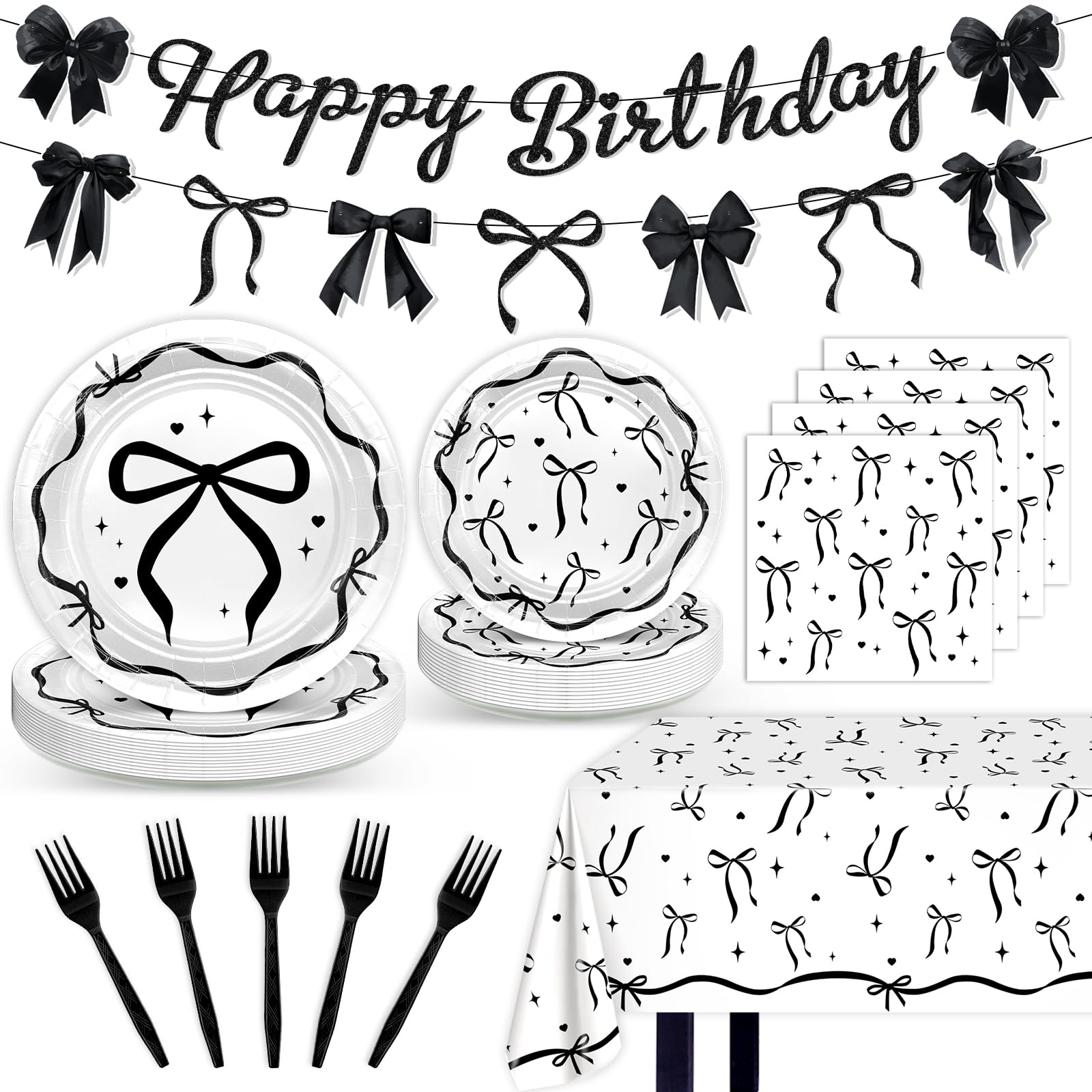 Black Bow Birthday Decorations Elegant Coquette Party Supplies Black White Bow Banner Garland Plates and Napkins Tablecloth Set Serve 24 for Women Girls