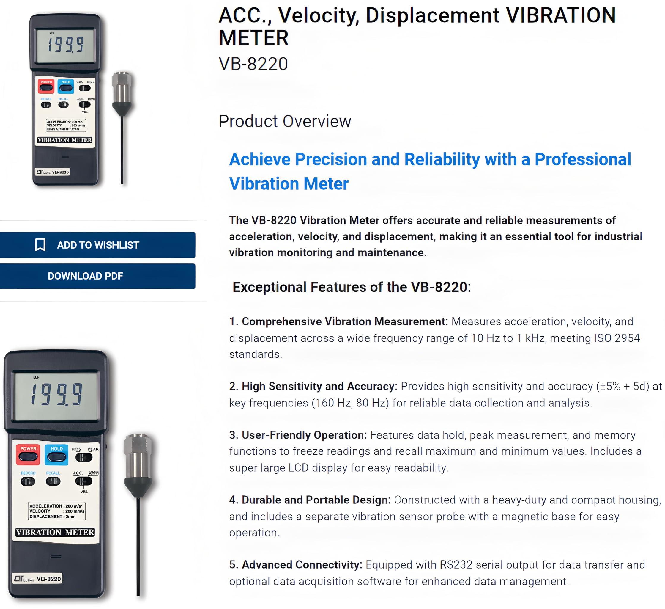 i-POOK Vibration Analyzer Vibration Tester VB-8220 Portable Vibration Meter Tester Measures velocity and acceleration range of 10 Hz to 1 kHz with RS232 Color LCD Digital Vibration Analyzer
