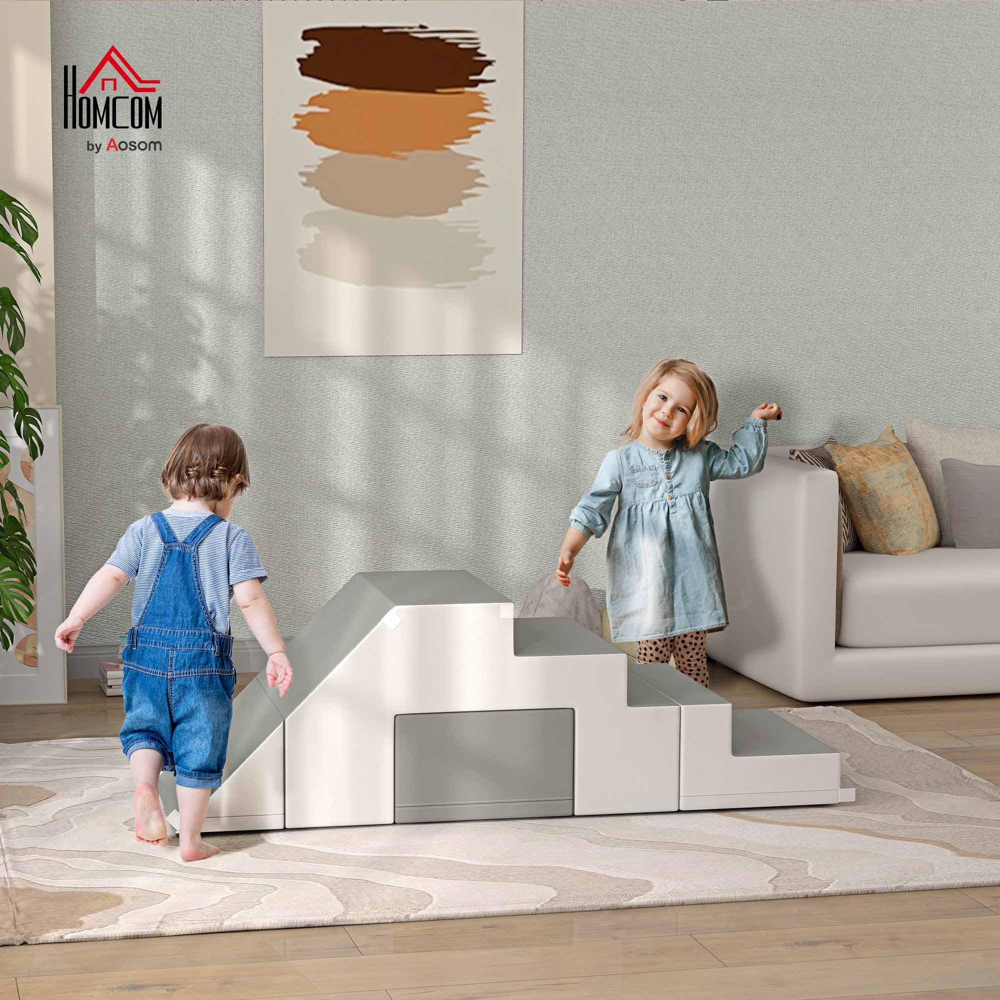 Qaba Foam Play Set for Toddlers and Children, Easy-to-Clean 2 Piece Soft & Safe Kids Climbing Set for Crawling or Sliding, Light Gray