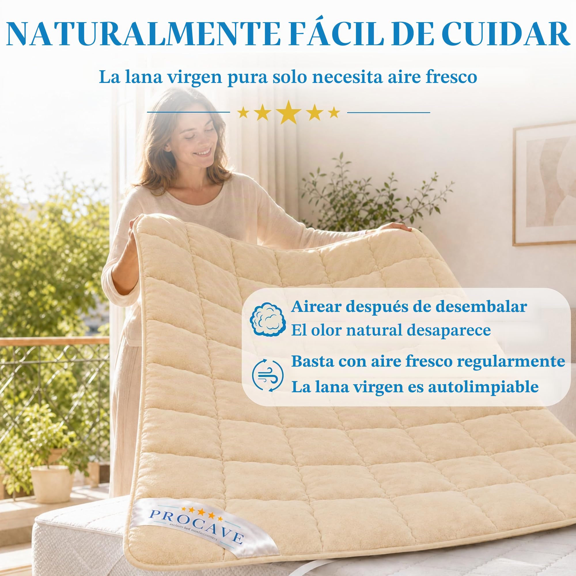 PROCAVE Protector de colchón Acolchado de Lana Virgen,Funda Transpirable para Cama, Cubrecolchón con 4 Gomas angulares 160x200 cm