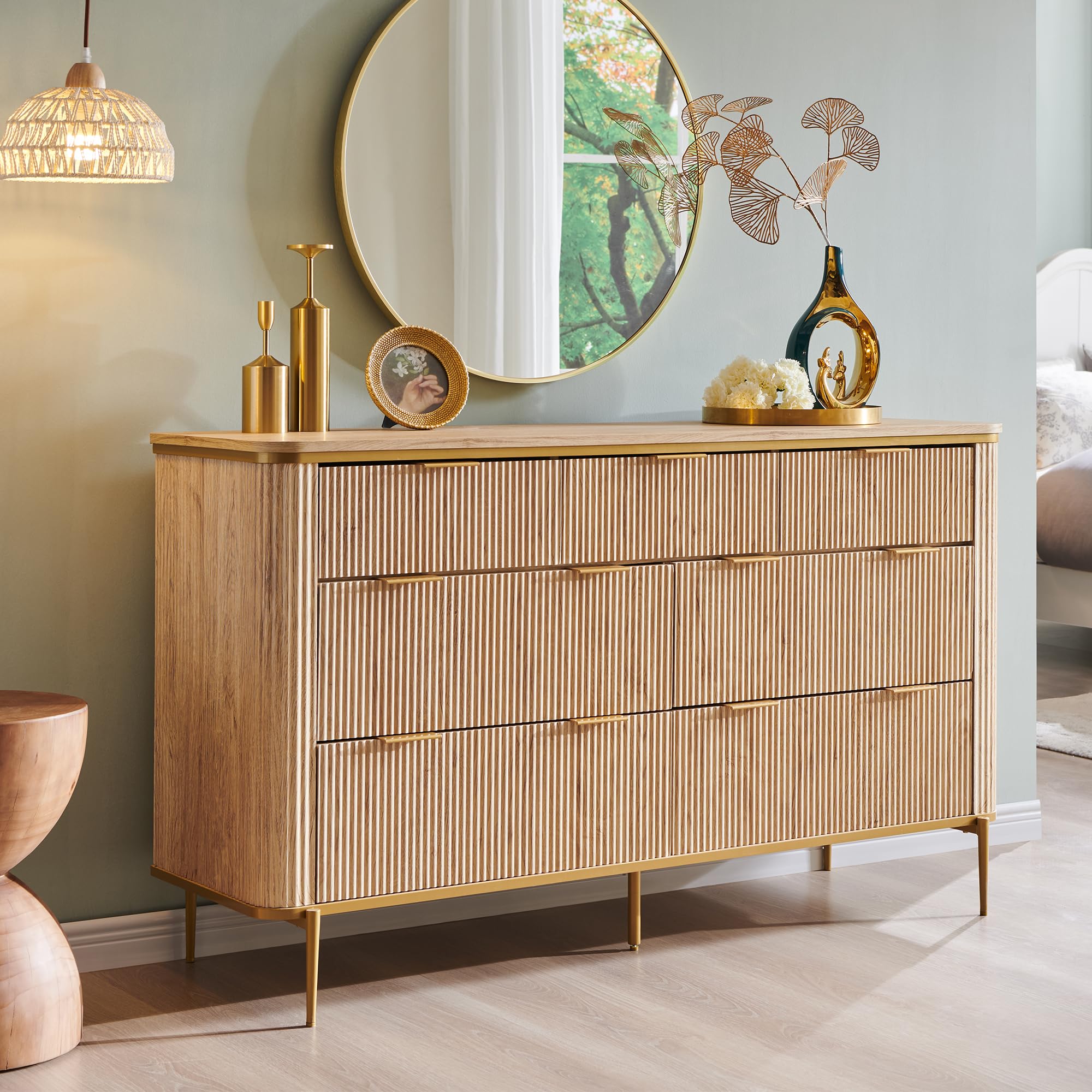 Amazon.com: T4TREAM Fluted 7 Drawers Dresser for Bedroom, 54" Wide Modern  Dresser TV Stand, Gold Accents, Fluted Fronts, Wood Storage Dressers  Organizer for Bedroom, Living Room, Natural Oak : Home & Kitchen
