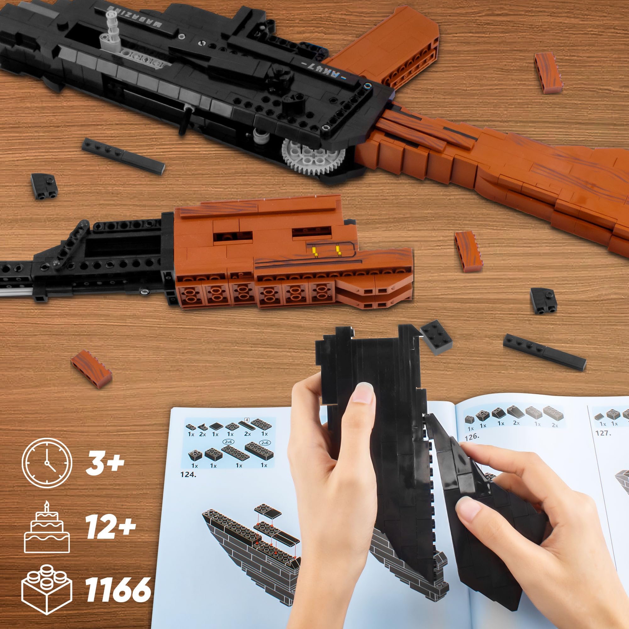 Building Block Gun for Adults, 1:1 AKM-47 Model Gun with Functional Rubber Band Shooting Mechanism, Collectible Gift for Military Weapon Toy Lovers,Educational STEM Toy Set for Boys Age 12+, 1166Pcs