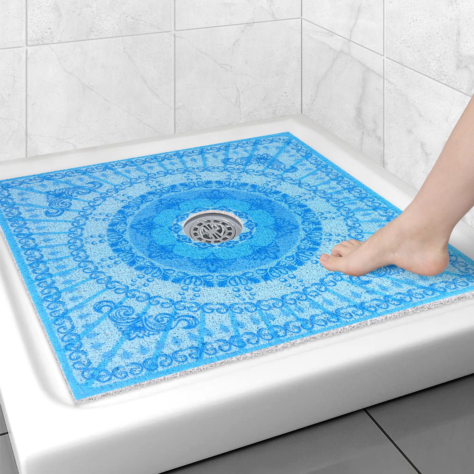 Square Shower Mat Non Slip: 31x31 Inch Extra Large Shower Floor Mat with Drain Hole in Middle - Soft PVC Loofah Bath Mat for Shower - Anti Slip Shower Stall Mat for Elderly and Kids