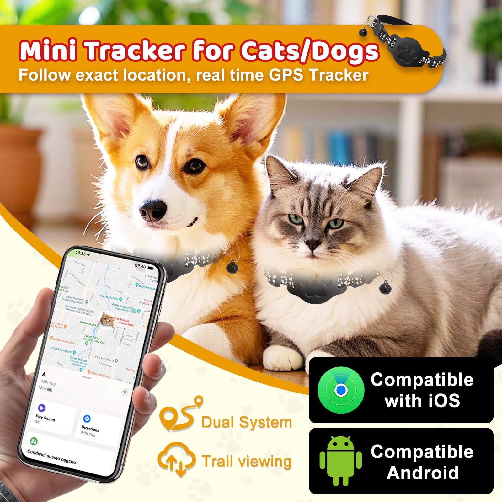 GPS Tracker Katze Halsband Kompatibel mit iOS ＆ Android, Mini GPS Tracker für Katze Hund Arbeite mit App Find Tag, Ohne ABO, Globale Abdeckung Ortungsgerät, Gepäckortung, Wasserdicht
