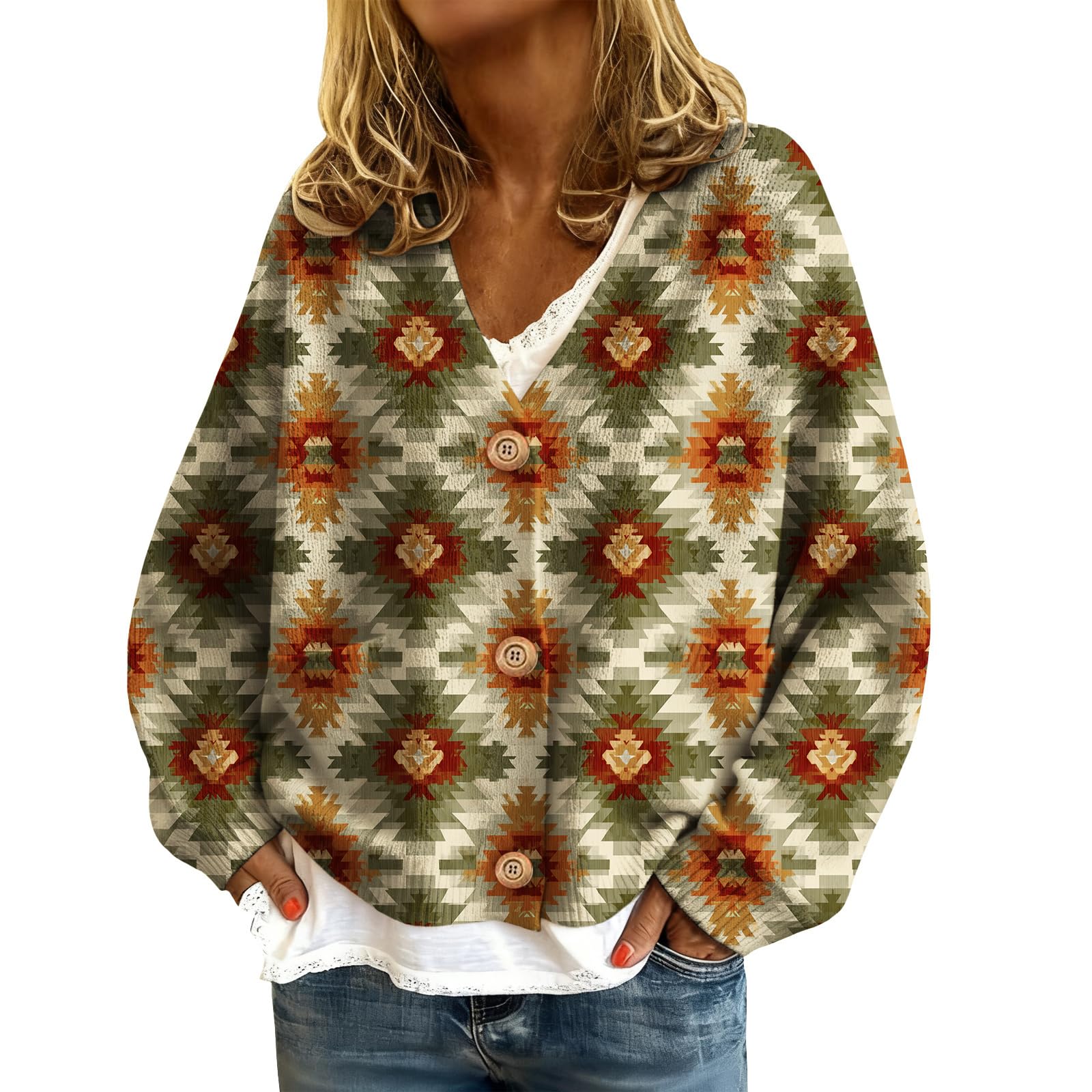 Womens Cardigan Sweaters Oversized Aztec Western Button Knit Cropped Cardigans Open Front Fall Jackets Trendy