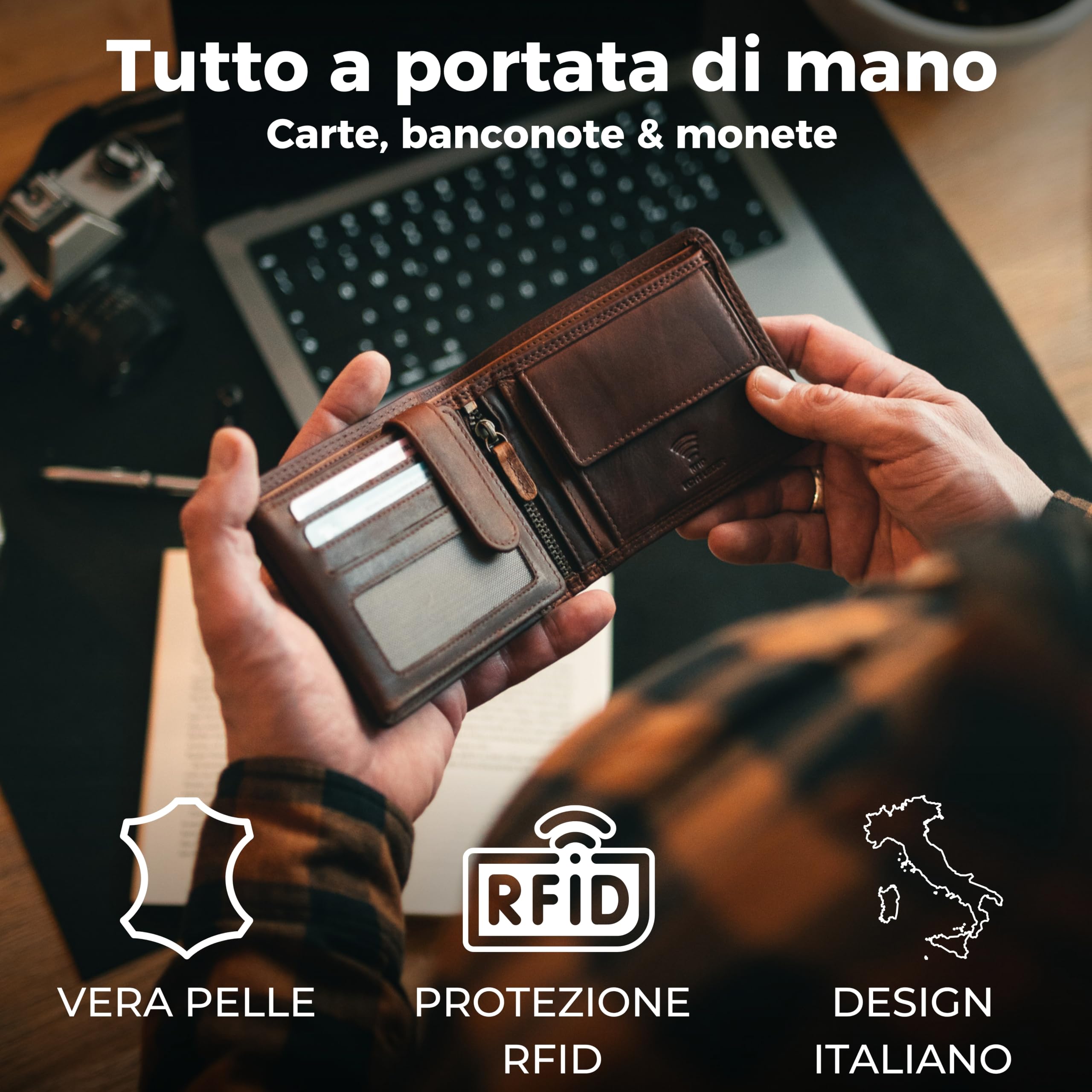 Baur portafoglio da uomo – vera pelle con protezione RFID – portafoglio in pelle orizzontale con 9 scomparti carte e scomparto monete (Formato orizzontale con bottone interno, Marrone scuro)