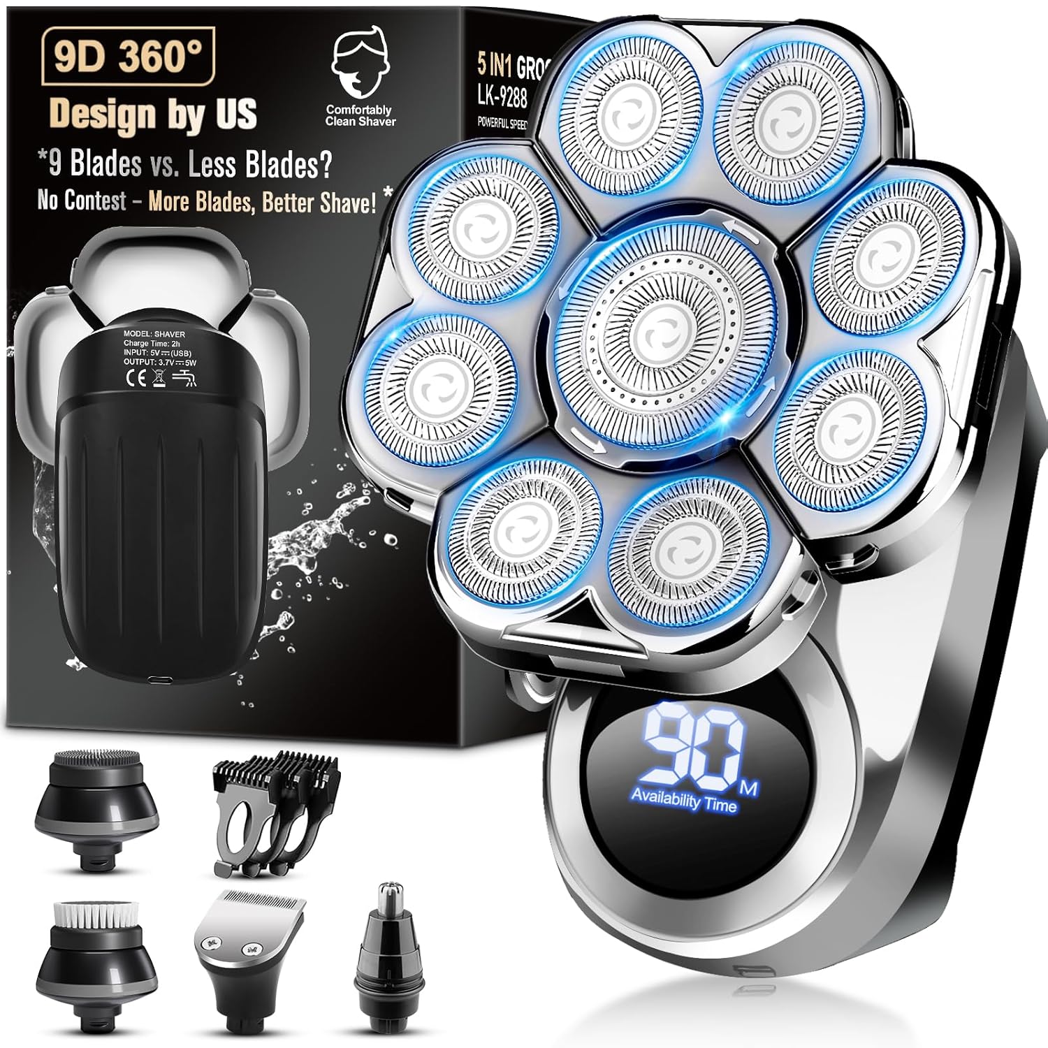9D Electric Head Shaver for Bald Men Upgraded 5-in-1 Head Shaver for Bald Men Waterproof Wet Dry Grooming