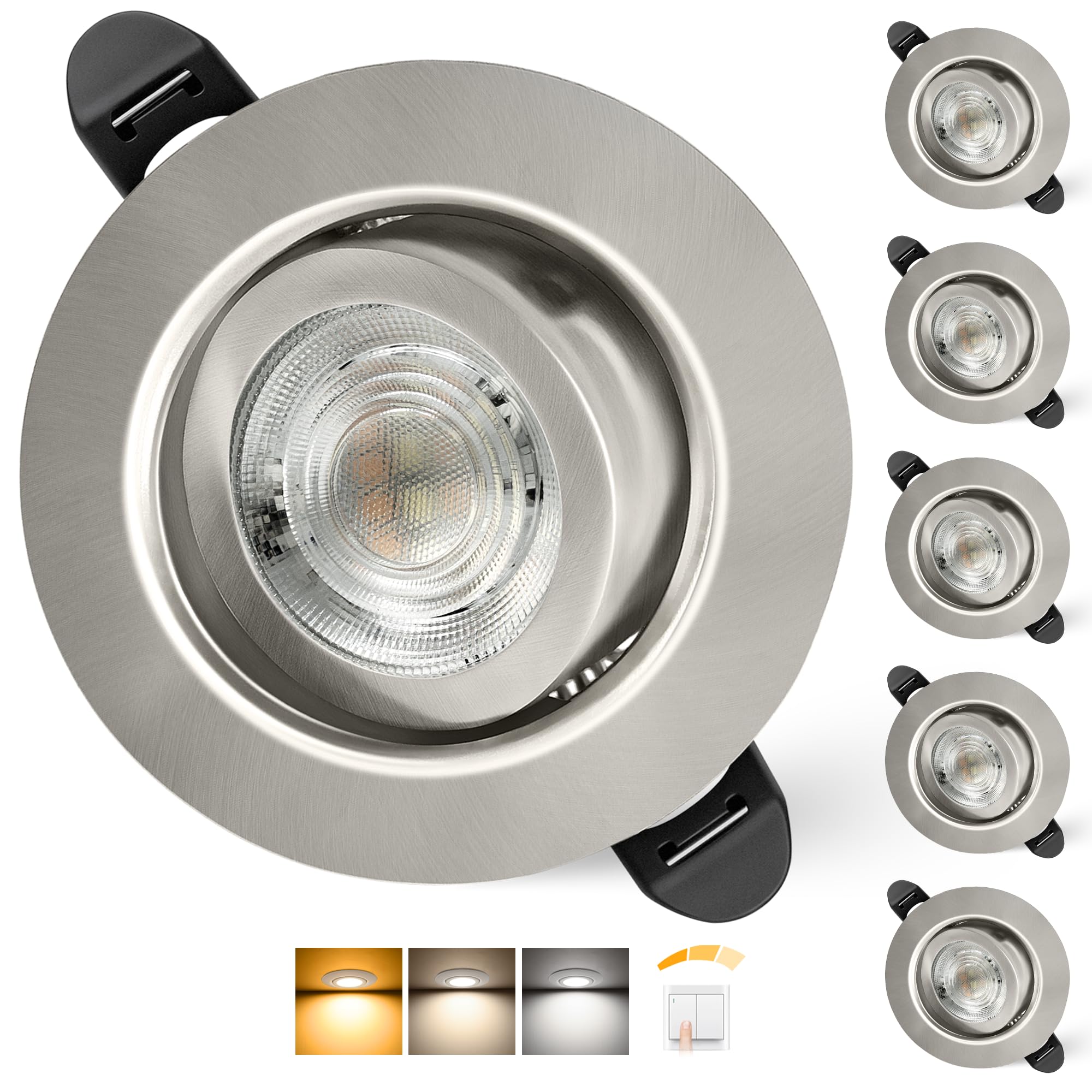 Aulaiyi LED Einbaustrahler 230V Dimmbar 68mm 5.5W IP44 LED Spots Ultra Flach Deckenspots 45° Schwenkbar Einbauleuchten Warmweiß Neutralweiß Kaltweiß Einbauspots für Bad Wohnzimmer, Nickel 6er Set