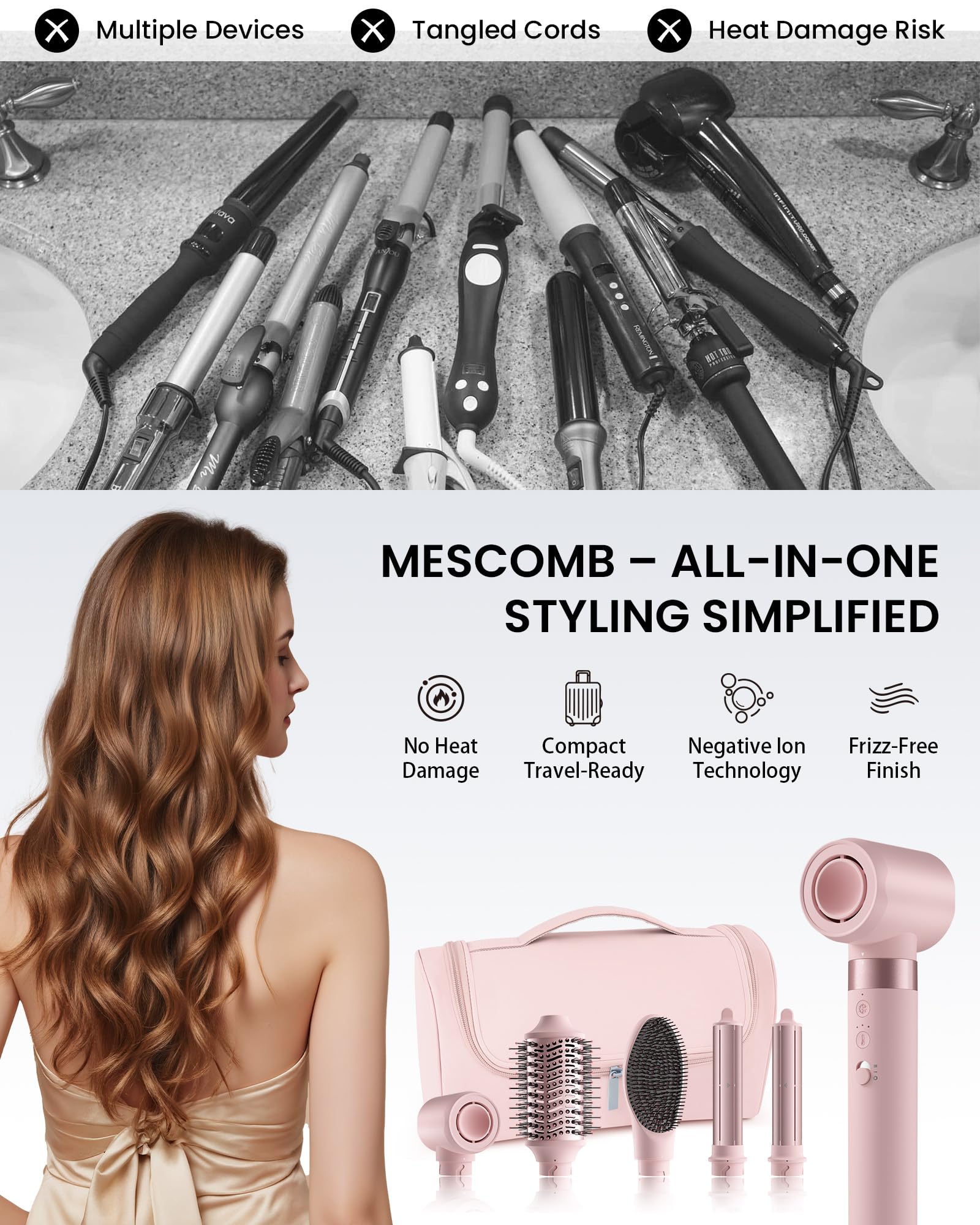MESCOMB 5 in 1 Hairstyler Set, 110.000 U/min High-Speed Airstyler mit Ionen Haartrockner, Lockenstab & Volumenbürste