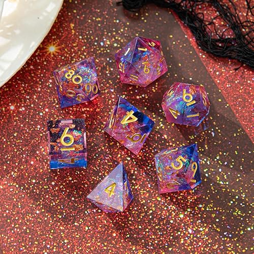 Miniatura 7 de Sharp Edge - Juego de dados DND hechos a mano, 7 accesorios para juegos TTRPG de Calabozos y Dragones, RPG multicara, resina poliédrica, de borde