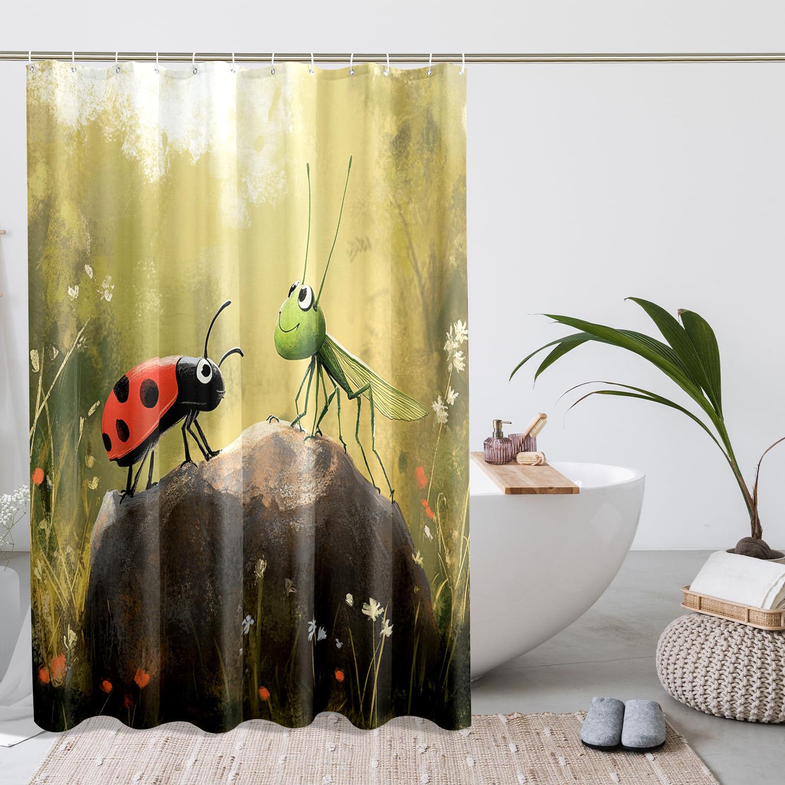 DESIHOM Cartoon Kids Ladybug Shower Curtain Set, Anime Fun Insect Shower Curtain, Cool Boy Teen Bathroom Accessories, Fabric Decorative -72 Inch