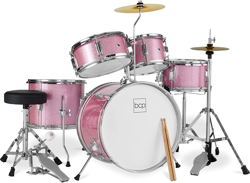 Juego de batería para principiantes de 5 piezas para niños, percusión inicial con platillos, pedal, timbales, caja, baquetas y taburete - Pink Sparkle