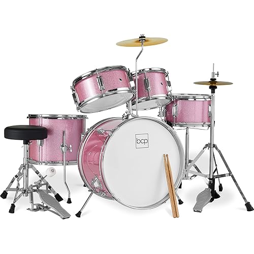 Best Choice Products Kids 5-Piece Beginner Drum Set Junior Kit, Starter Percussion w/Cymbals, Pedal, Toms, Snare, Drumsticks, Stool - Pink Sparkle