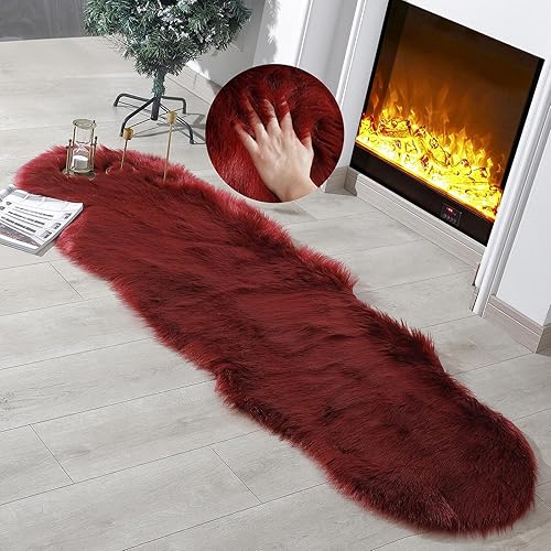 Miniatura 2 de Alfombra de piel sintética de oveja, esponjosa, roja, de 2 x 6 pies, para dormitorio, mesita de noche, suelo, sala de estar, alfombra acolchada de