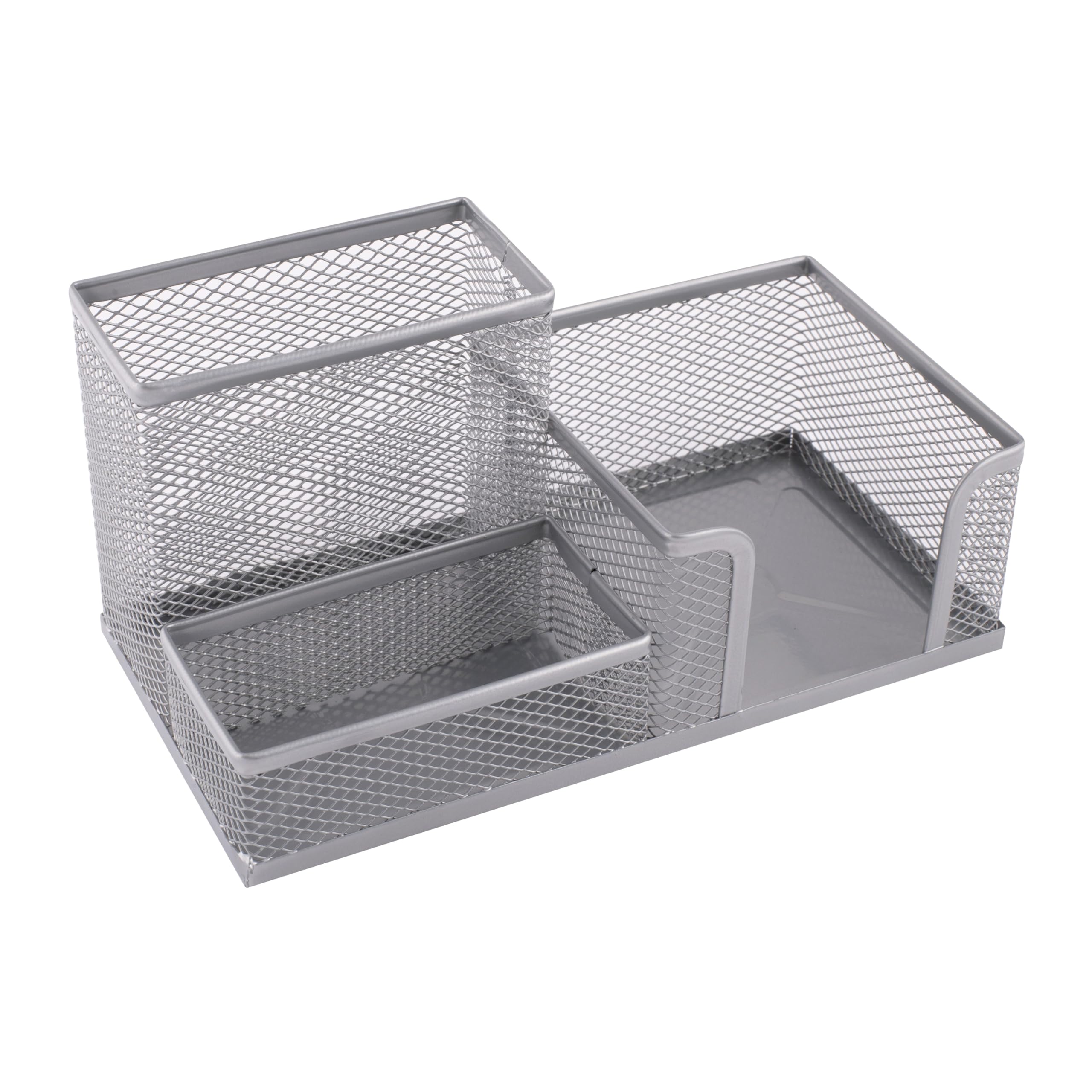 D.RECT KOMO 3-Compartment Metal Mesh Desk Organizer - Multifunctional Pen & Office Supply Holder - Compact & Durable, Silver