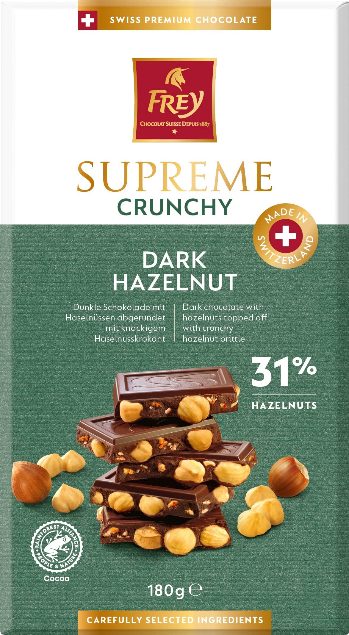 Frey Supreme Dark Crunchy Nut 180g - Cocoa 31% Minimum - Swiss Premium Chocolate - Rainforest Alliance Certified - Chocolate Bar