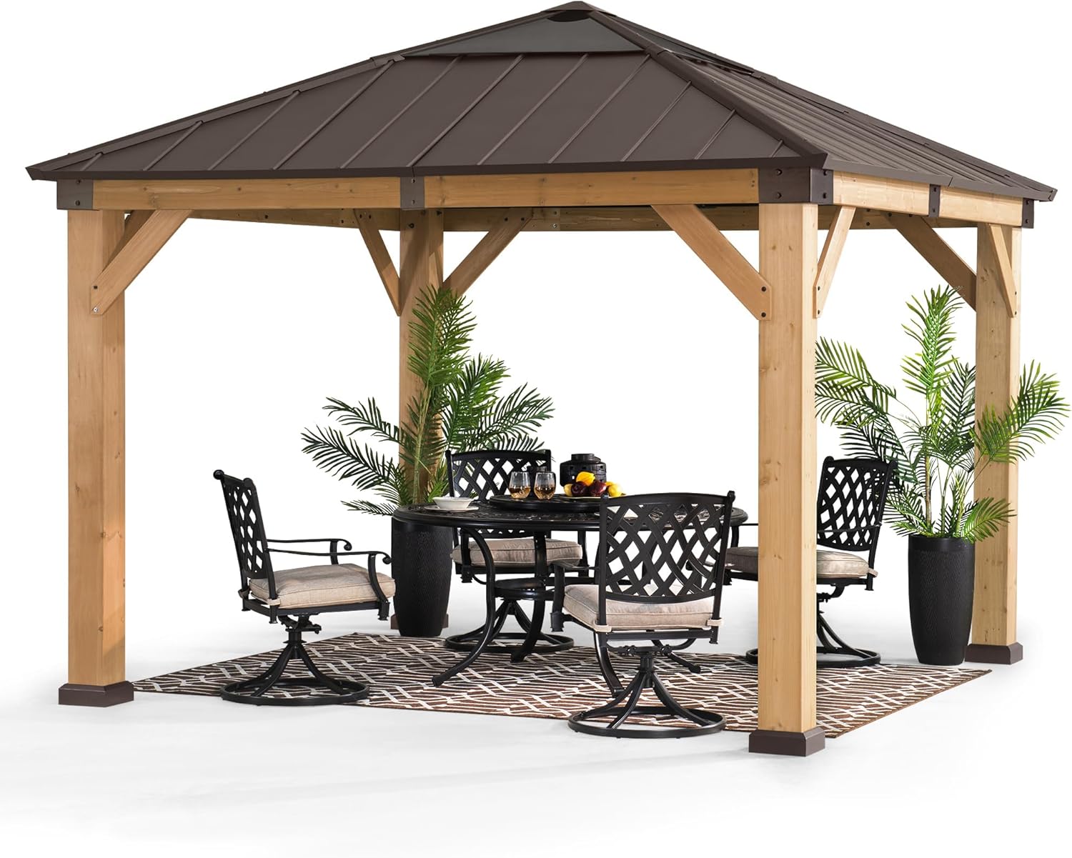 Sunjoy Hardtop Gazebo 11 x 11 ft. Upgrade Cedar Framed Wood Gazebo with Brown Steel and Polycarbonate Hip Roof