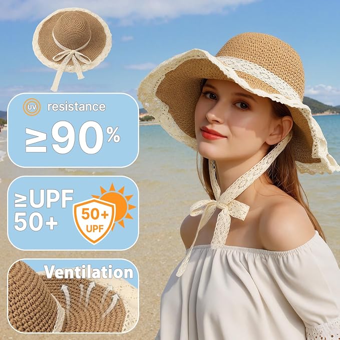 Sombrero de playa para mujer con protección UV y cinta de encaje miniatura 4