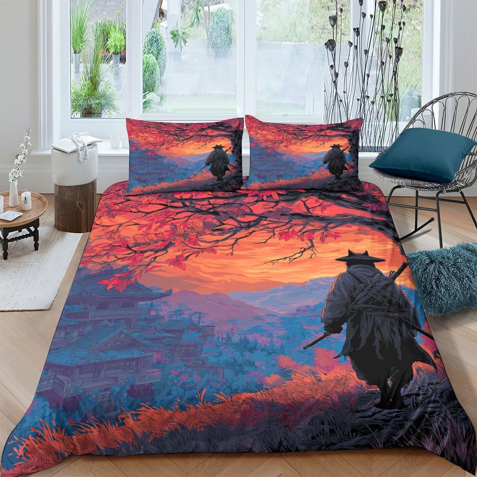 GPLZQXKJNH 3D Printed Samurai Sunset Duvet Cover Microfiber Soft Breathable Mountain Forest Bedding Set with 2 Pillowcases for Bedroom Decor Single（135x200cm）