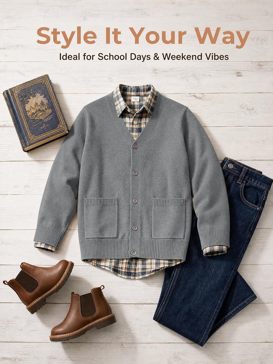 Haloumoning Boys Cardigan Sweater V Neck Button Down Uniform Sweater 5-14Y | Boys Youth School Uniform Cardigan Sweaters with Patch Pockets, Button Up, Warm and Cozy, Casual Daily