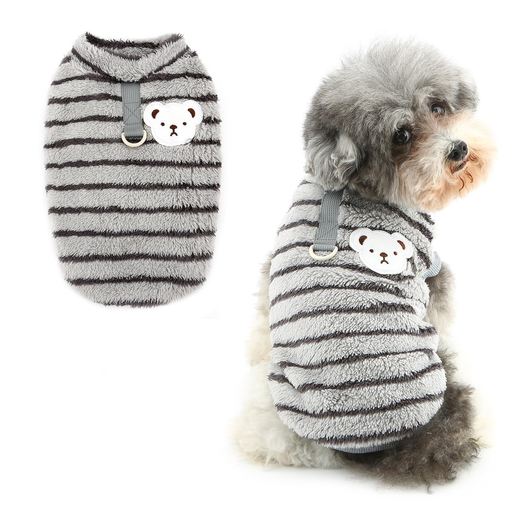 Ranphy Pet Striped Fuzzy Sherpa Fleece Jumper for Small Dog Puppy Thermal Pullover Sleeveless Vest with D-ring Yorkie Chihuahua Autumn Winter Clothes Cat Clothing,Grey,XL