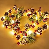 Vista 1 de Korlon Tec - Guirnalda navideña preiluminada con luces de 7 pies, guirnalda navideña con 20 luces LED y baya roja, luces de cuerda de pino operadas