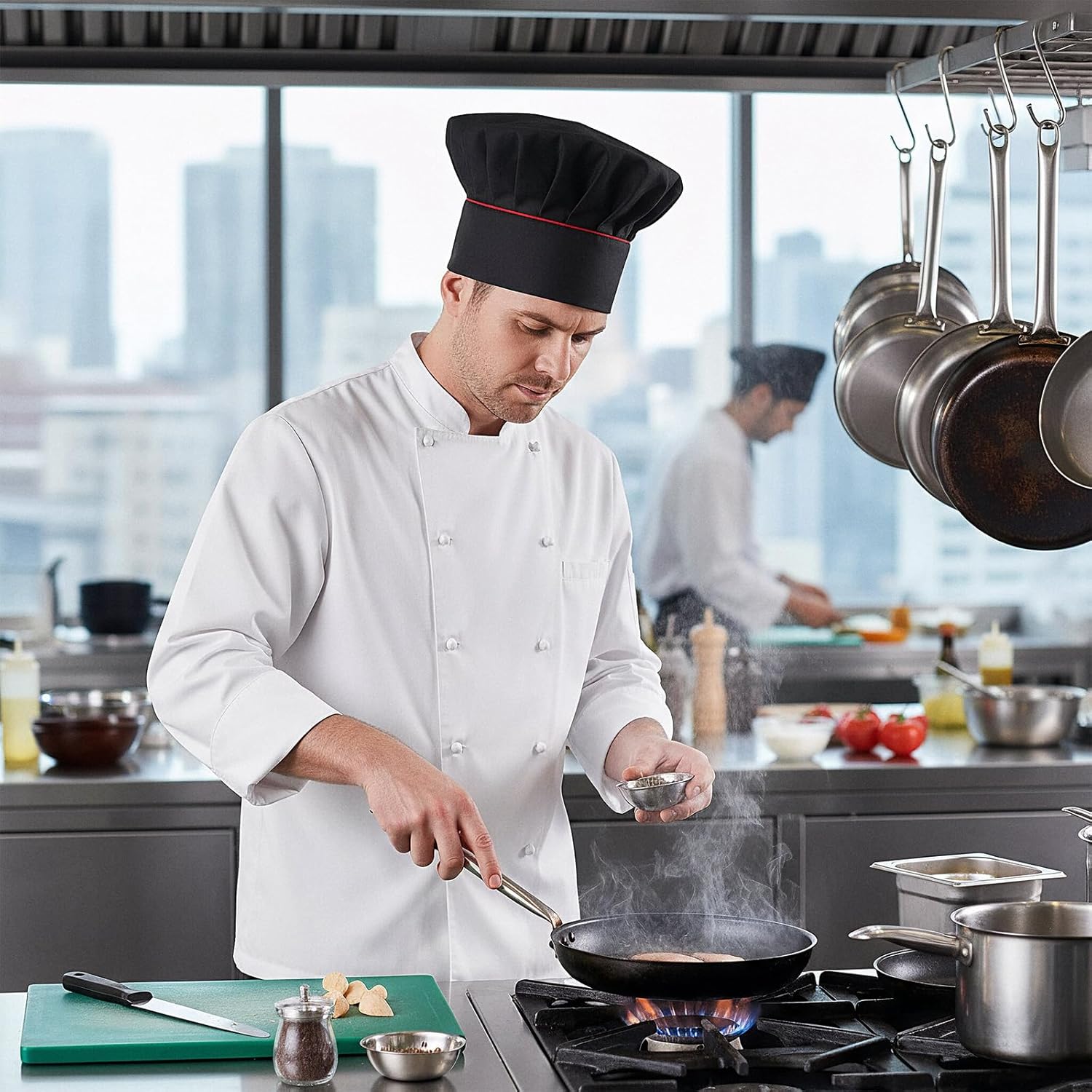 Hibachi Hat,Hibachi Chef Hat,Black Chef Hats,Adjustable Elastic Baker Kitchen Cooking Chefs Cap with Red Side Stripes for Men Women Black - Image 7