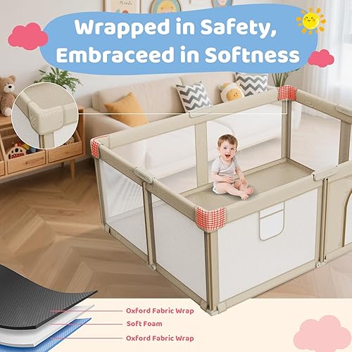 Miniatura 6 de Corralito plegable para bebés corralito grande de 71 x 59 pulgadas para bebés y niños pequeños, corralito portátil para bebés con malla transpirable