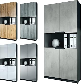 Vladon Logan V2 Office Cabinet Made in Germany Filing Cabinet with 5 Compartments and 4 Doors Matte Black / White High Gloss (82 x 184 x 37 cm)