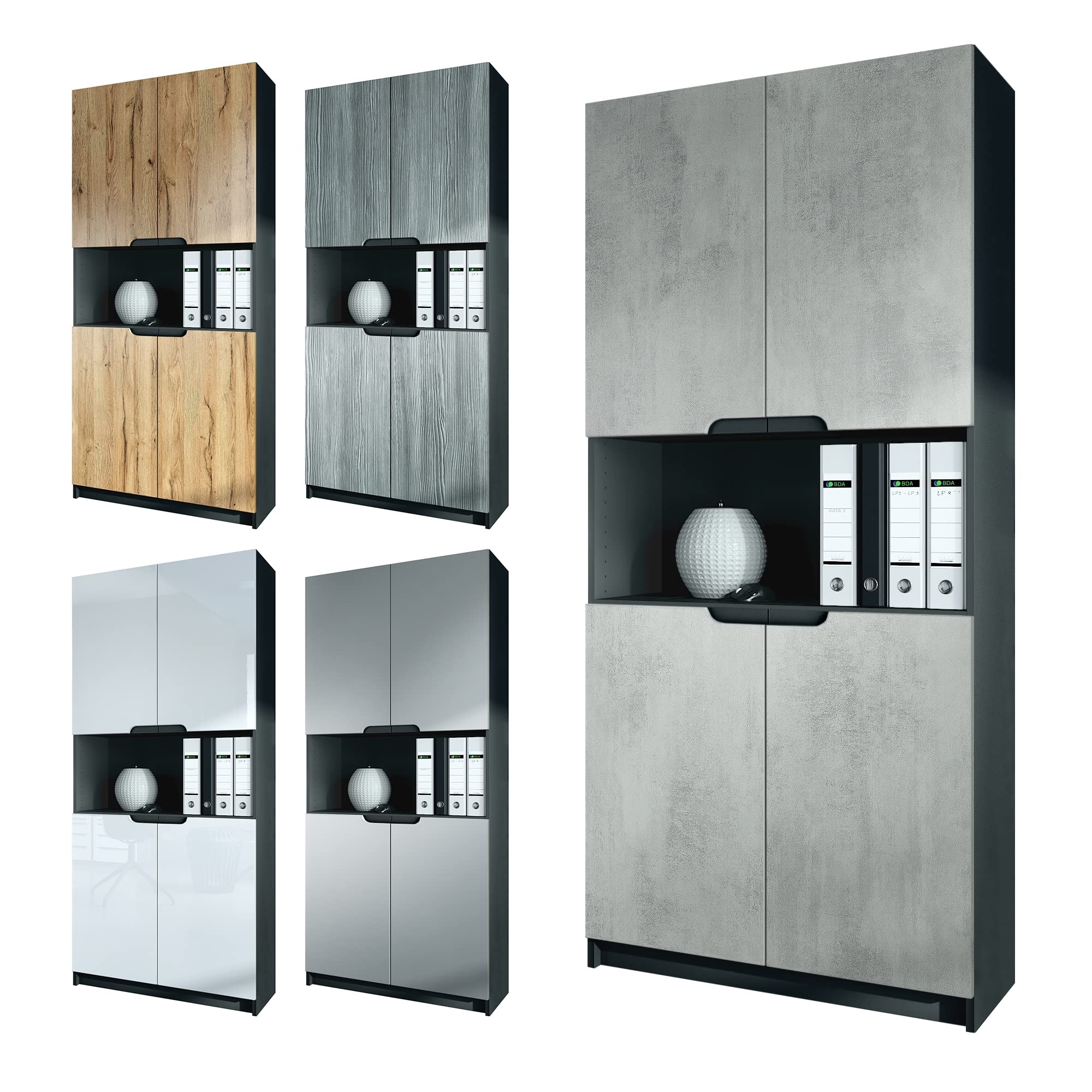 Vladon Logan V2, mobile per ufficio, schedario con 5 scomparti e 4 ante, nero opaco/bianco opaco (82 x 184 x 37 cm)