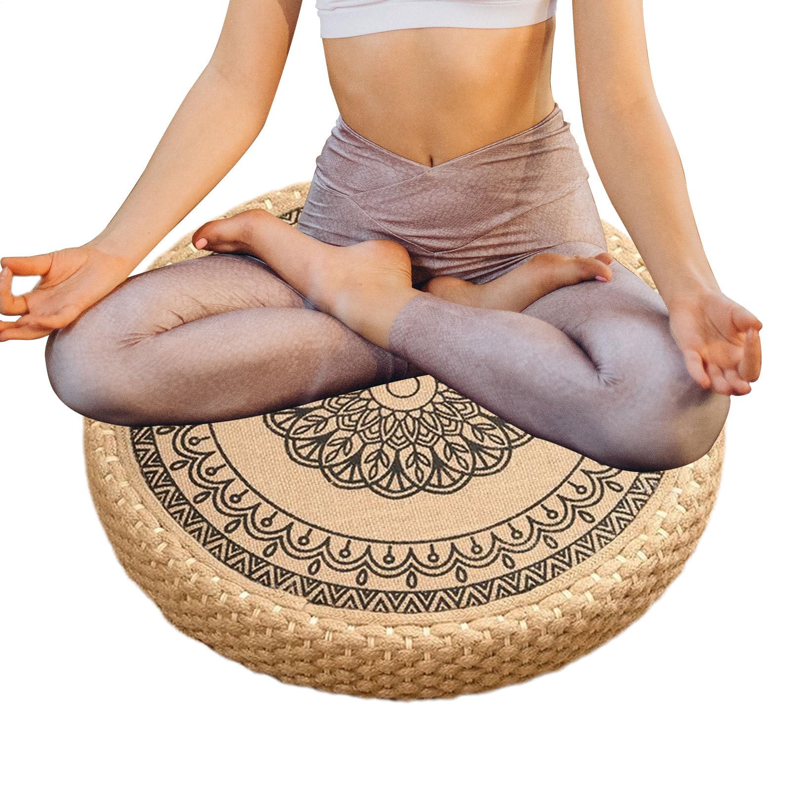Cojín de suelo japonés, tejido a mano, almohada de meditación, yoga, relajación, cojín redondo bohemio natural para sala de estar, dormitorio, decoración del hogar, beige, 40 cm