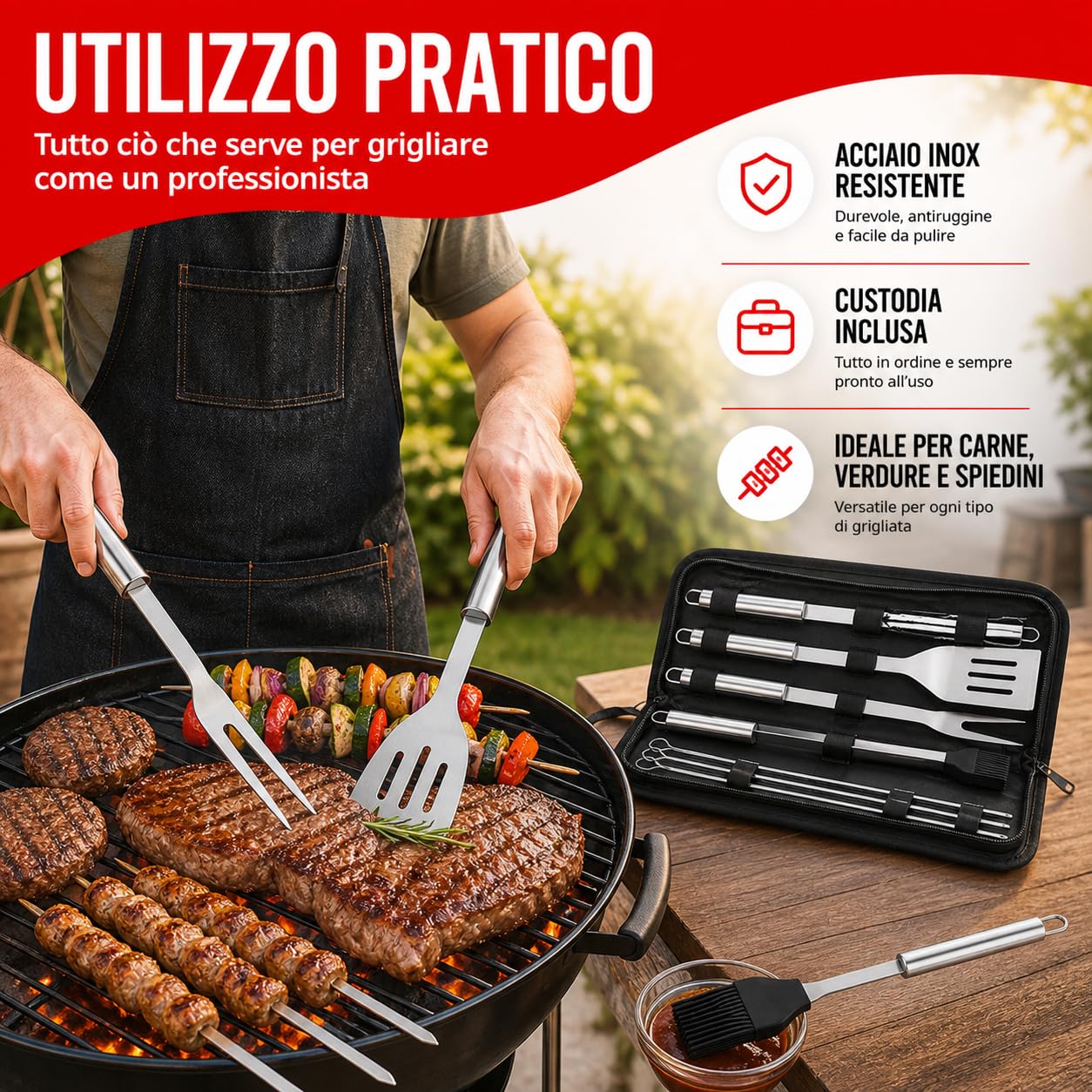 Set 9 pezzi Utensili barbecue Guanti da Barbecue Acciaio Inox Set Di Attrezzi Guanti da forno Doppio Resistente al Calore per Barbecue Grigliate Cottura al forno Camino