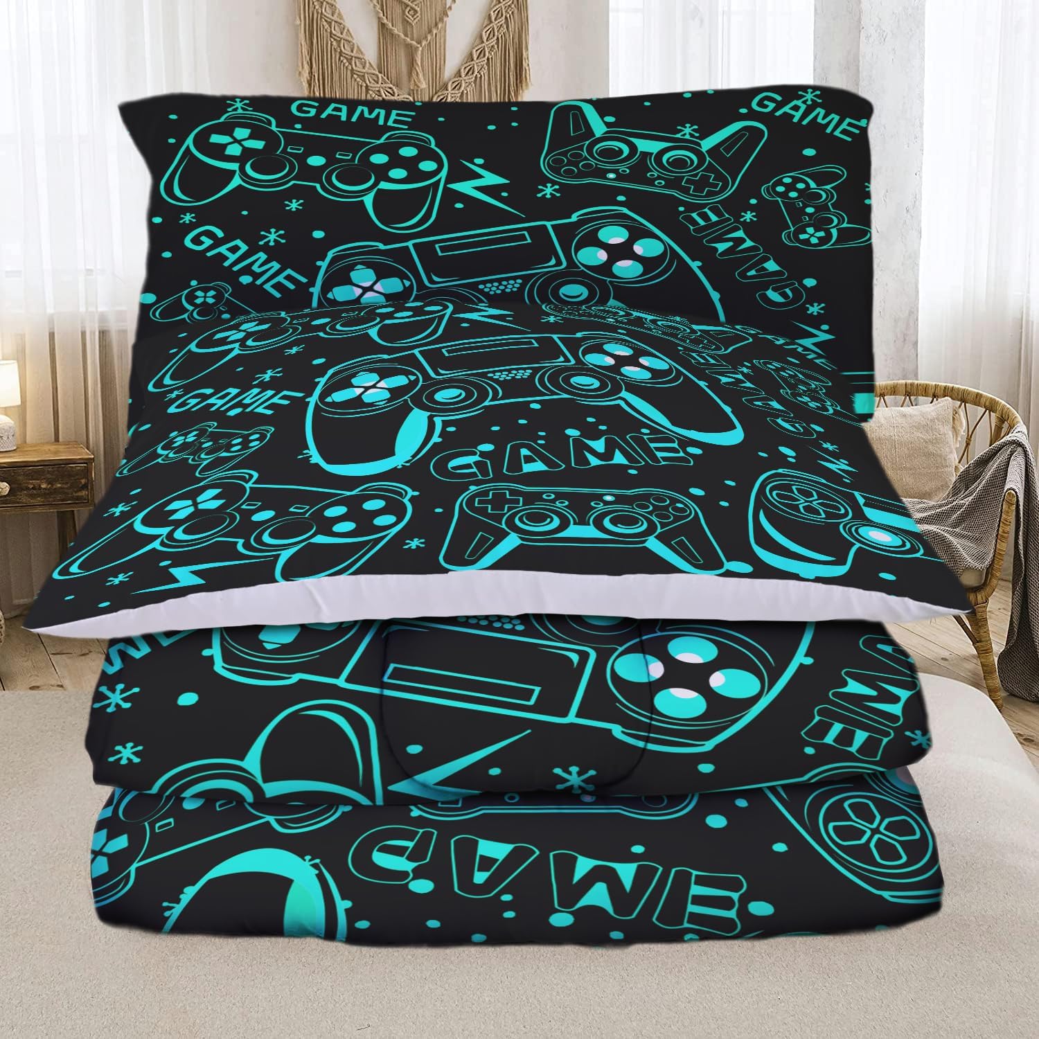 Sunnycitron Black Green Gamepad Gamer Comforter Set for Boys Gaming Bedding Set Teens Game Room Decor Twin (1 Comforter + 2 Pillowcase) - Image 4