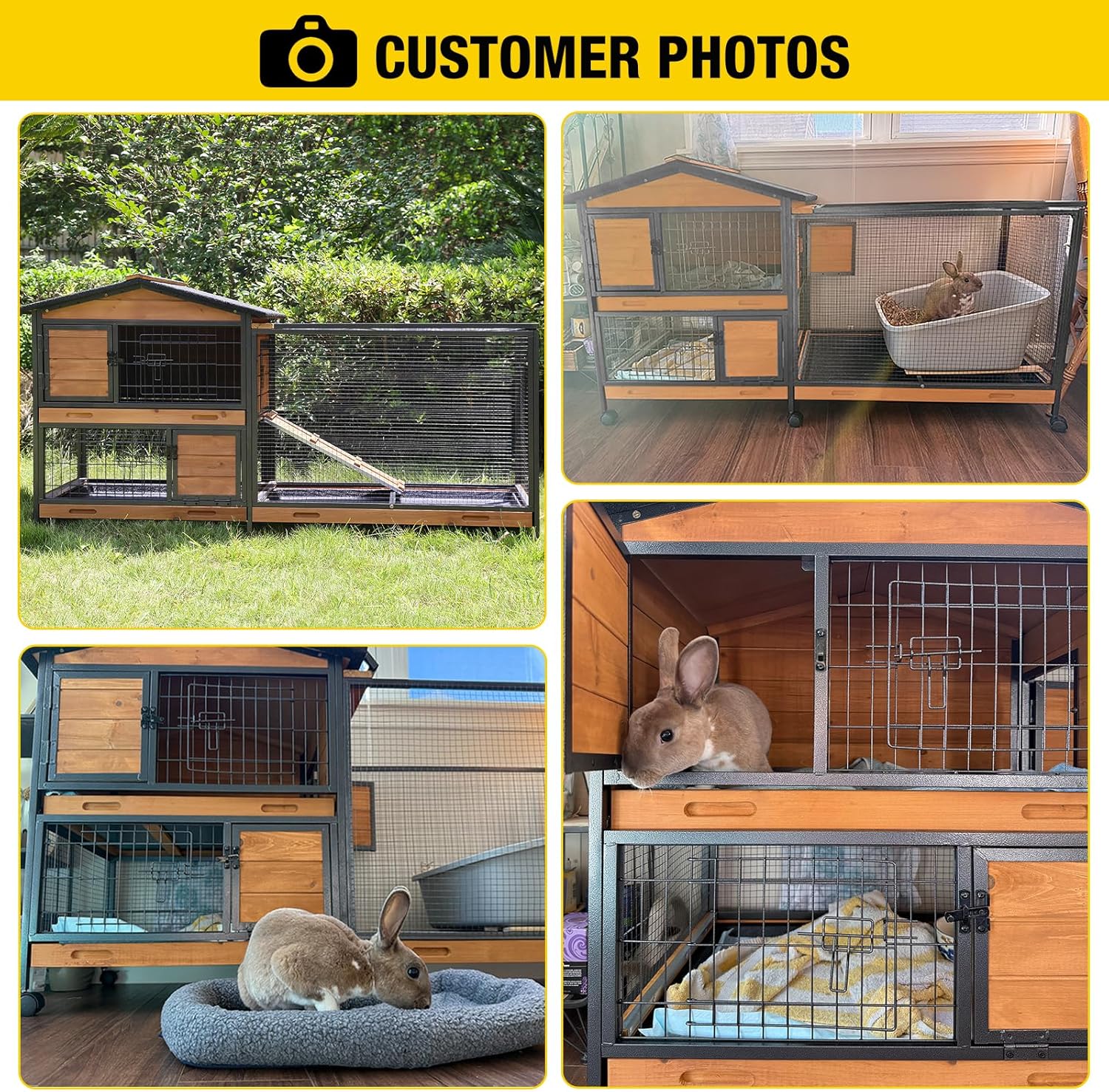 Aivituvin Rabbit Hutch 60.8" Rabbit Cage Indoor Outdoor Guinea Pig Cage on Wheels Bunny Cage with 3 Deep No Leakage Pull Out Tray,Waterproof Roof