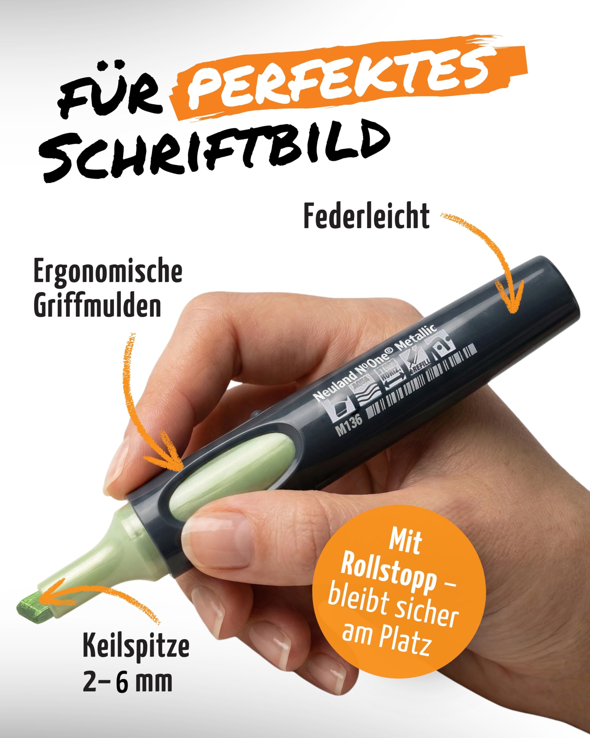 Neuland Metallic Moments Set I 5 Metallic-Marker mit Keilspitze 2-6 mm inkl. Skizzenbuch & Stiftemäppchen I Nachfüllbare, ergonomische Marker & Zubehör I Ideal für kreative Visualisierungen
