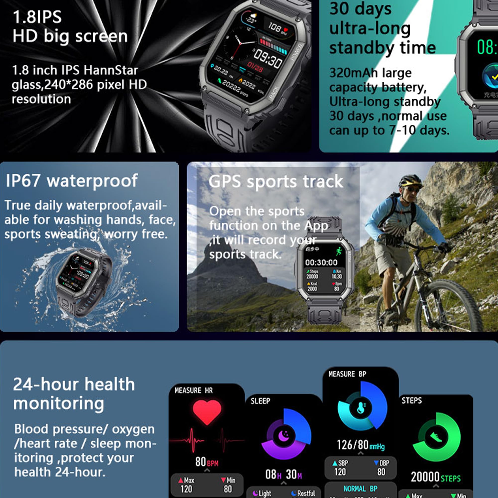 Smart Watch męski z funkcją telefonu, 1,8" HD, zegarek sportowy z Bluetooth, do monitorowania tętna i krokomierza, dla systemów iOS i Android, z 3 paskami (czarny)