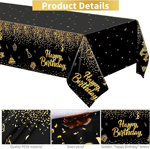 Miniatura 3 de MCEAST Paquete de 3 manteles rectangulares de plástico negro dorado para fiestas de cumpleaños bodas baby shower decoración de 108 x 54 pulgadas